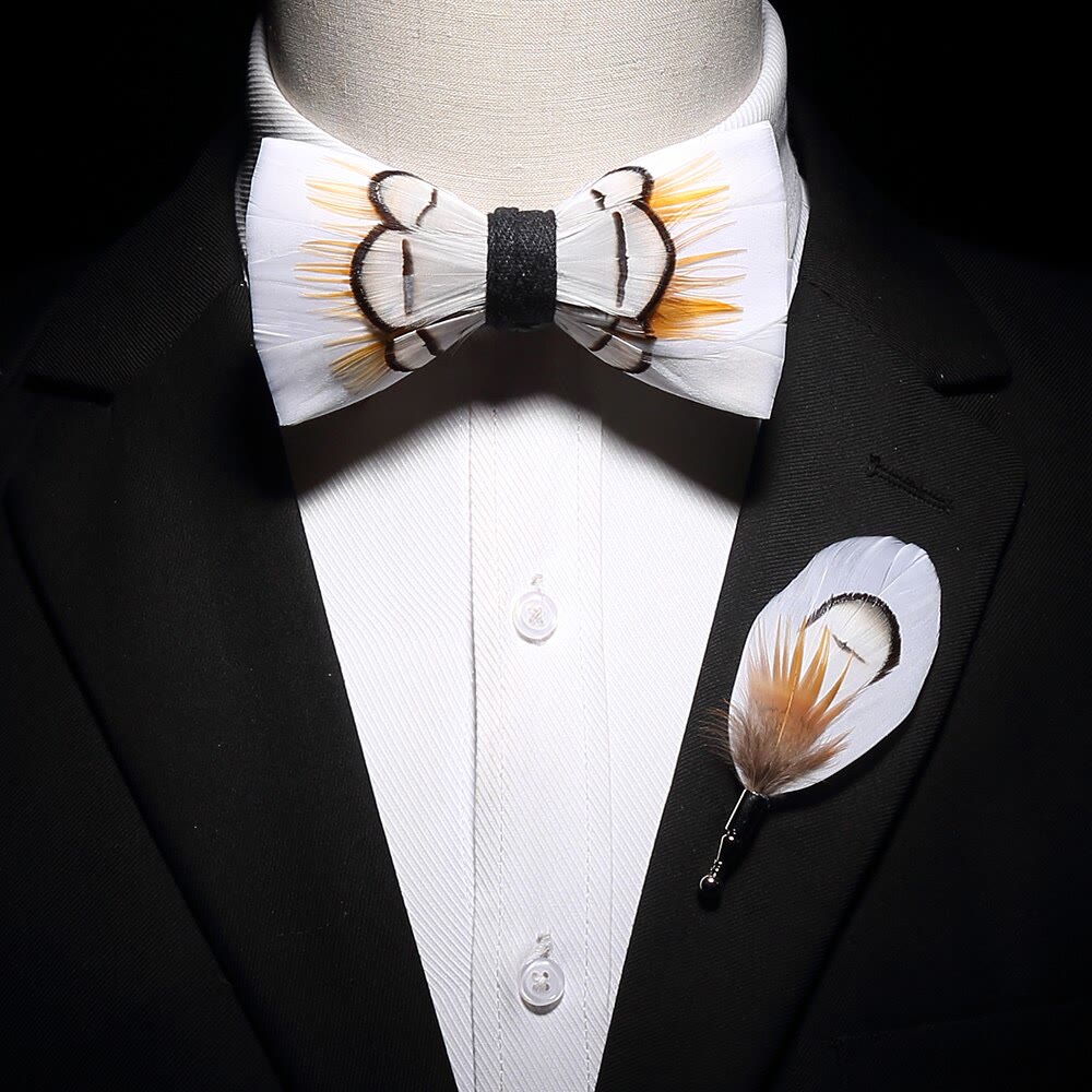 Beige Elegant Feather Bow Tie with Lapel Pin