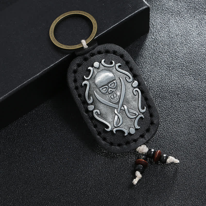 Double Swords Skull Pendant Leather Keychain