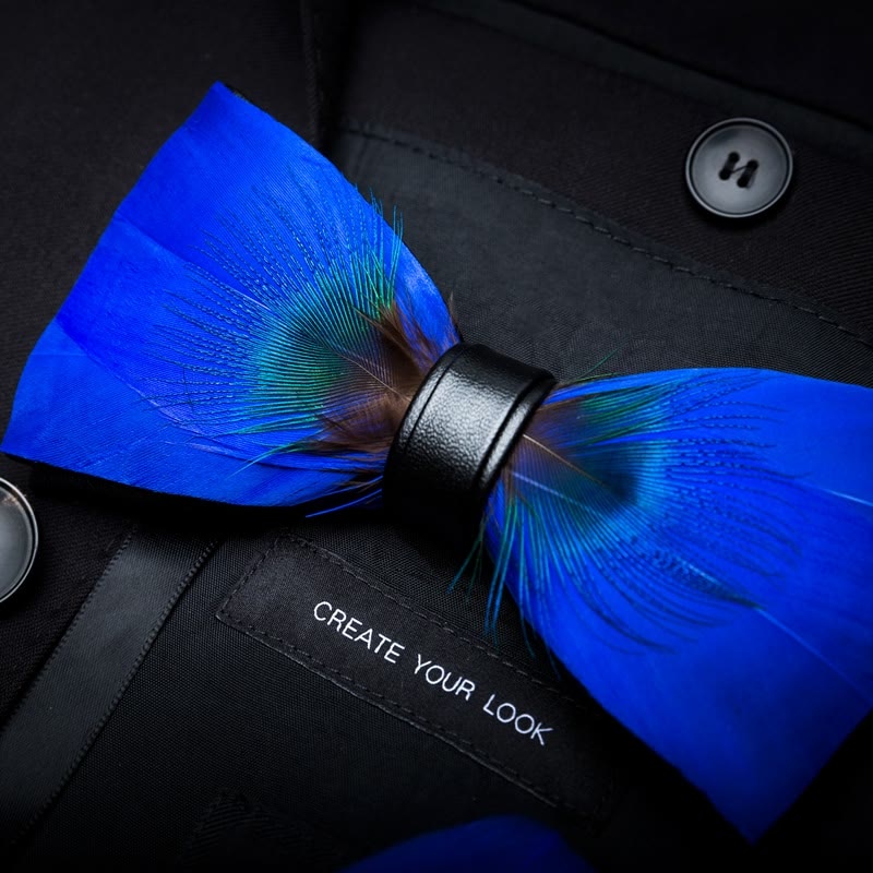 Oxford Blue Peacock Feather Bow Tie with Lapel Pin