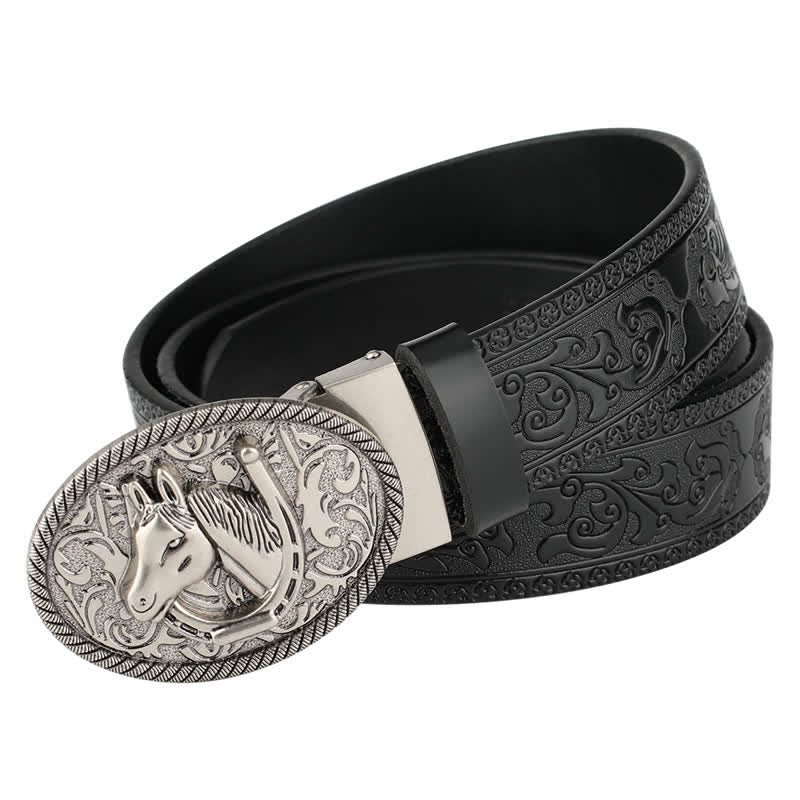 Men's Horse Automatic Buckle Vintage Western Style Leather Belt