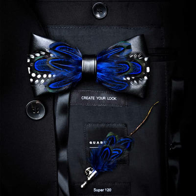 Kid's DarkBlue White Dots Lively Feather Bow Tie with Lapel Pin
