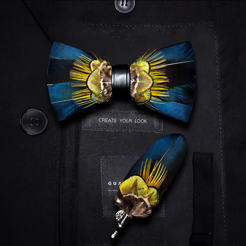 Kid's Blue & Yellow Peacock Feather Bow Tie with Lapel Pin