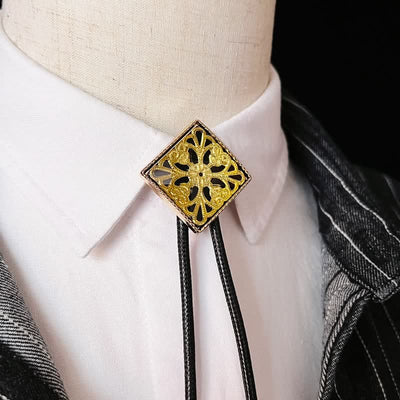 Gold Flower Pattern Diamond Shape Bolo Tie