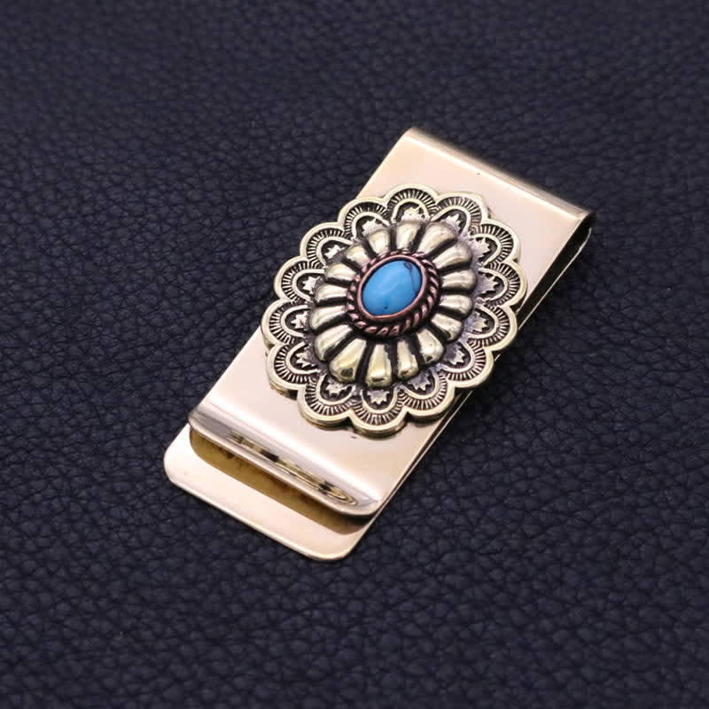 Faux Turquoise Flower Soild Brass Money Clip