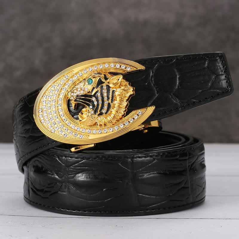 Men's Golden Tiger Buckle Crocodile Pattern Leather Belt