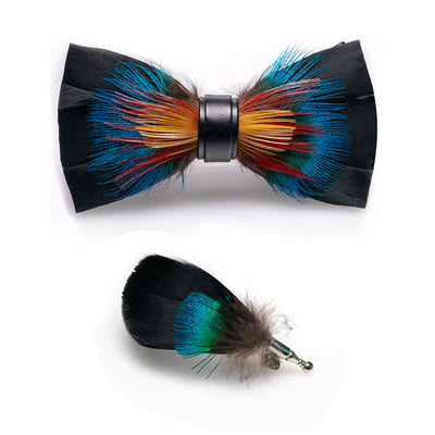 Black & Multicolored Blossom Feather Bow Tie with Lapel Pin