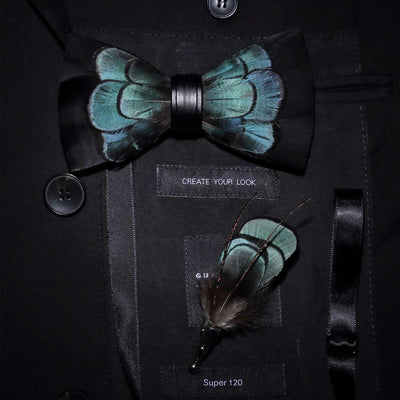Kid's Black & Green Exquisite Feather Bow Tie with Lapel Pin