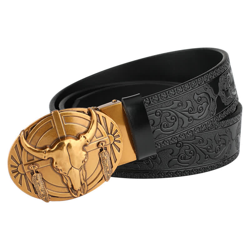 Men's Longhorn Bull With Feather Automatic Buckle Leather Belt