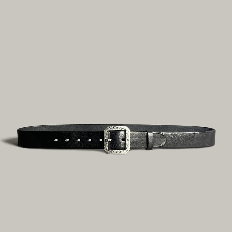 Square Floral Engraved Buckle Pants Leather Belt