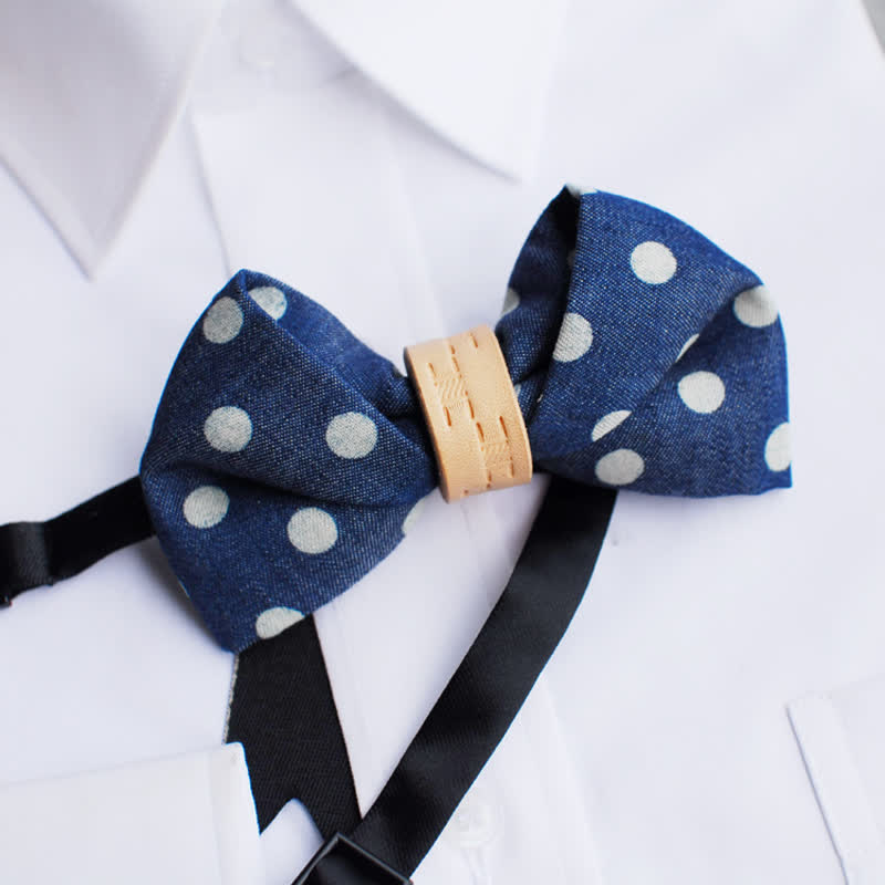 Men's Blue Polka Dots Leather Loop Bow Tie