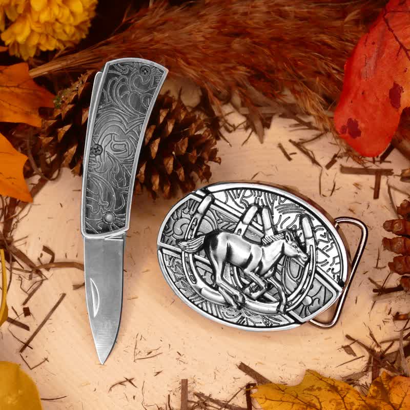 Men's DIY Galloping Horse Hidden Folding Knife Leather Belt