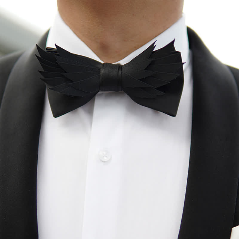Men's All Black Layered Wings Shape Bow Tie