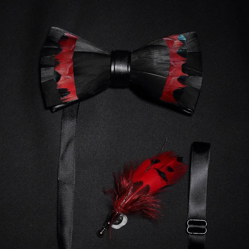 Black & Red Swan Feather Bow Tie with Lapel Pin