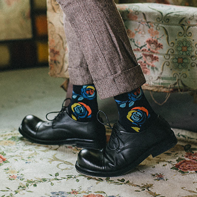 Men's Navy Wild Blue Roses Crew Socks