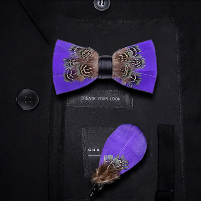 Graceful Purple Pheasant Feather Bow Tie with Lapel Pin