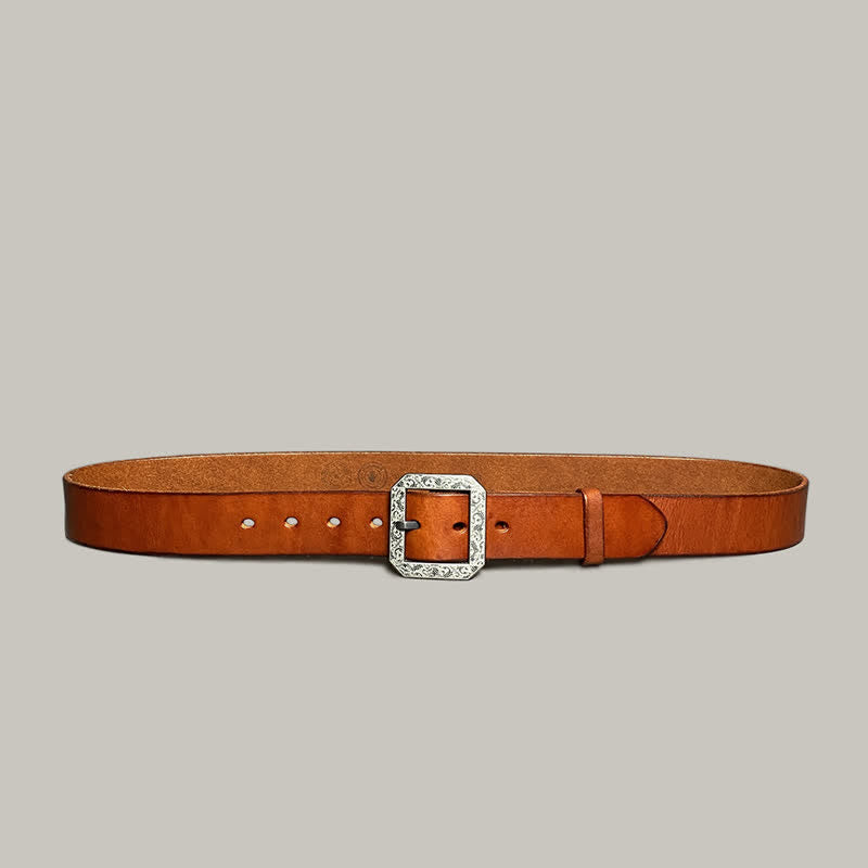 Square Floral Engraved Buckle Pants Leather Belt