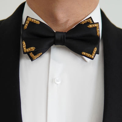 Men's Gold Wheat Embellishment Black Bow Tie