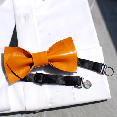 Men's Bright Double Layered Tanned Leather Bow Tie