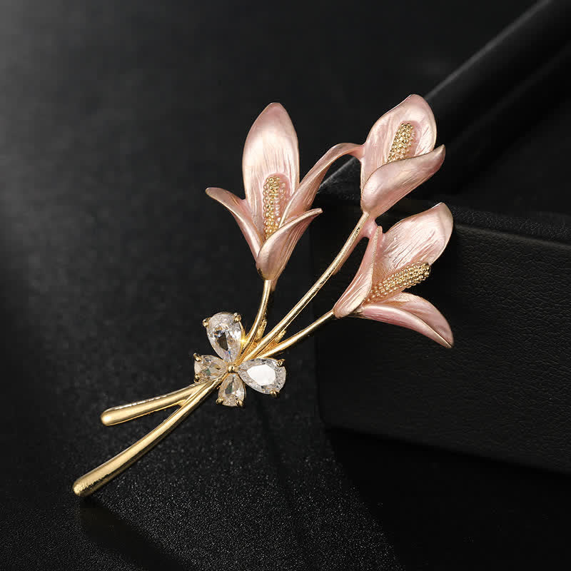 Women's Pink Lily Flower Zircon Enamel Brooch