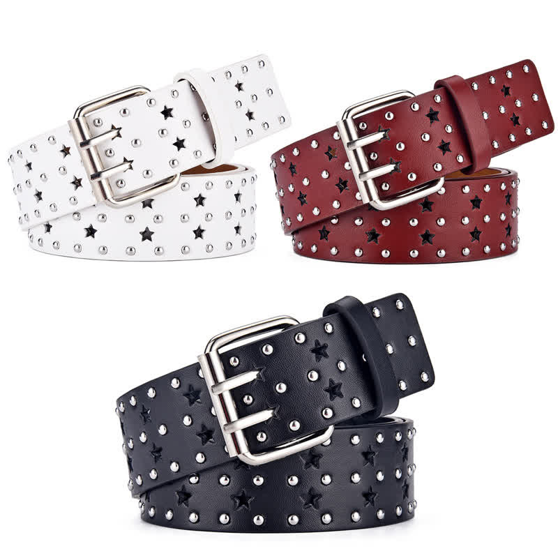 Star Double Prong Hollow Out Rivets Leather Belt