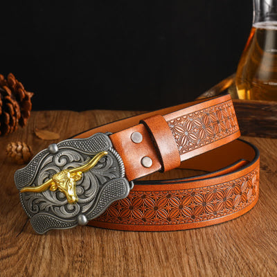 Men's Square Golden Longhorn Bull Leather Belt