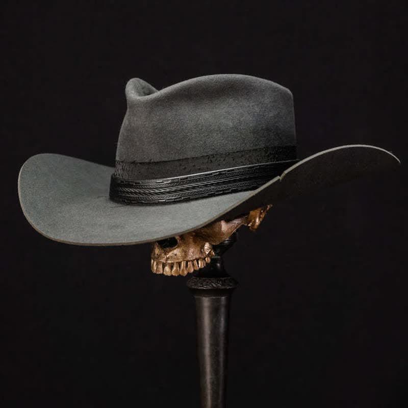 Simple Embossed Black Leather Wool Cowboy Hat