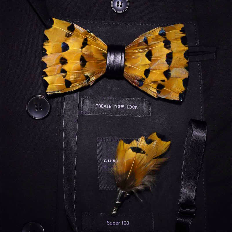 Kid's Yellow & Gold Finch Tail Feather Bow Tie with Lapel Pin