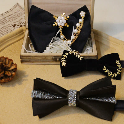 Shining Rhinestone Black Velvet Bow Ties Bundle Set