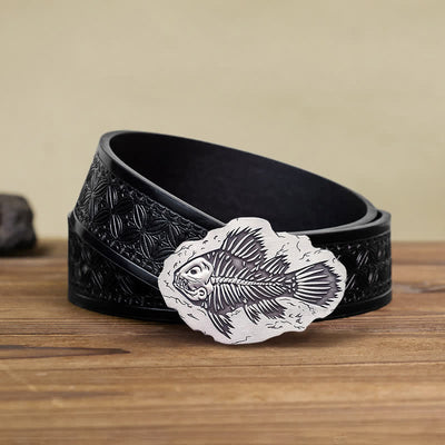 Men's DIY Fish Fossil Buckle Leather Belt