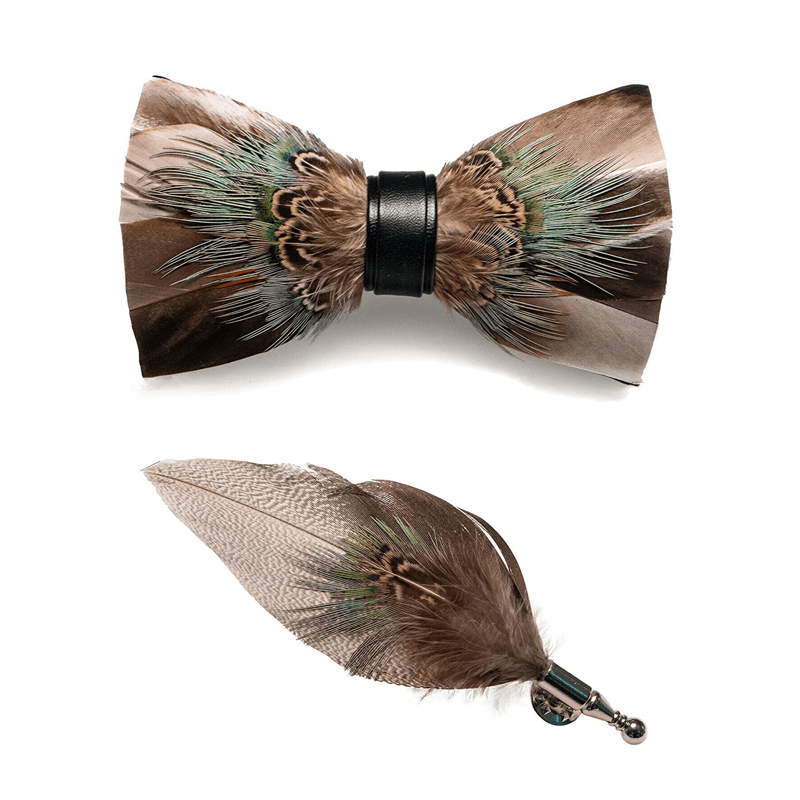 Brown Rustic Feather Bow Tie with Lapel Pin