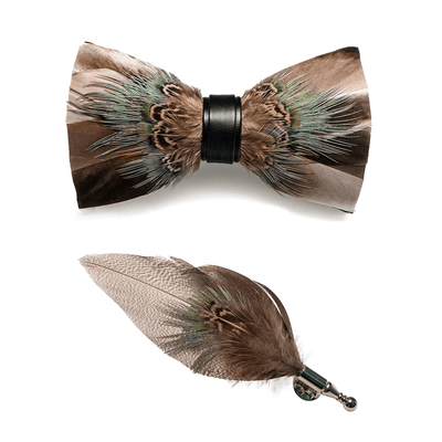 Kid's Brown Rustic Feather Bow Tie with Lapel Pin