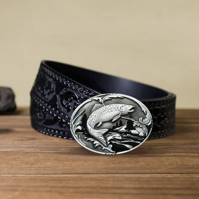 Men's DIY Fishing Wildlife Buckle Leather Belt