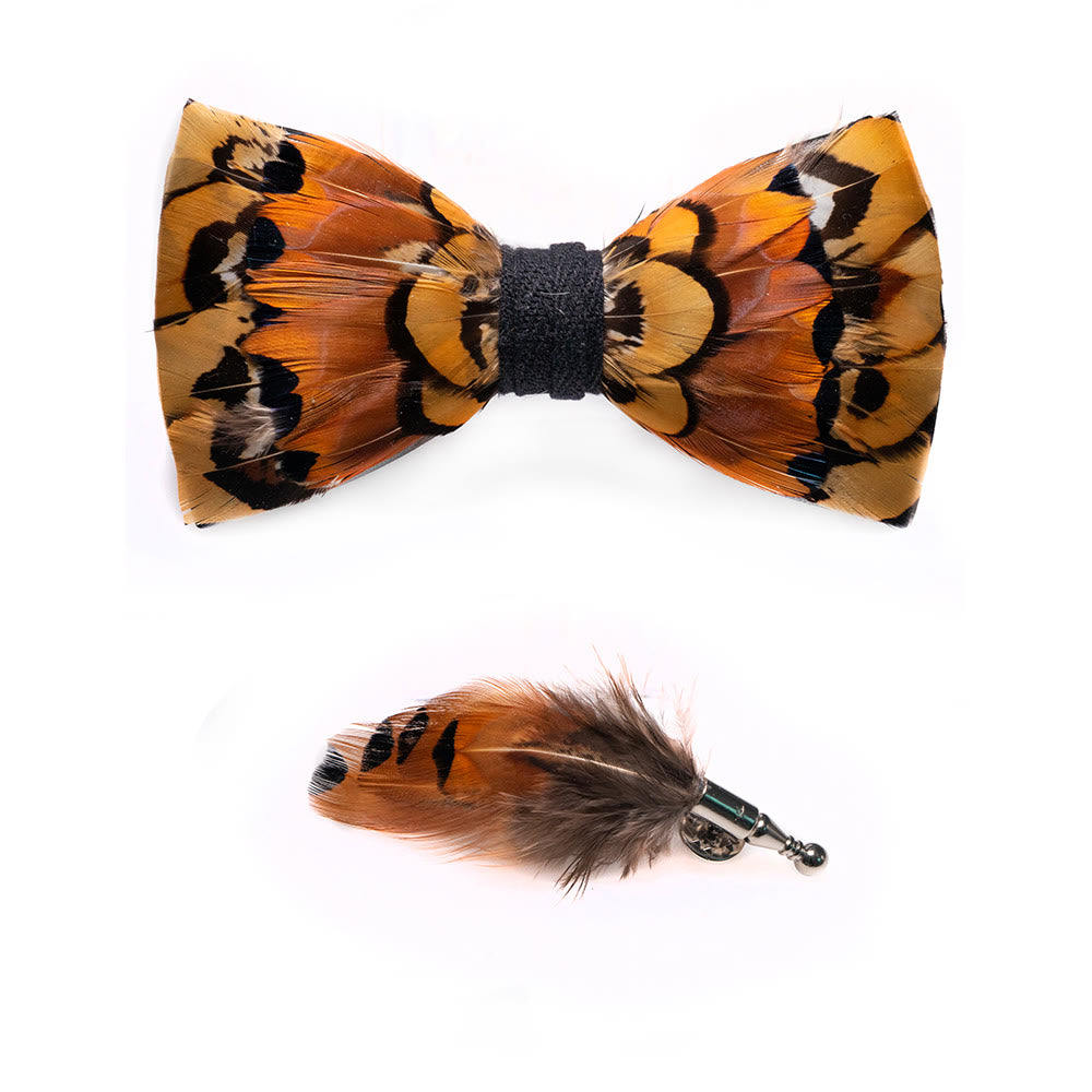 Beige & Gold Pheasant Feather Bow Tie with Lapel Pin
