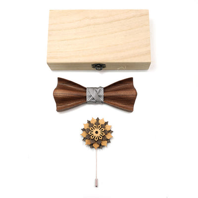 2Pcs Men's 3D Design Black Walnut Wooden Bow Tie Set