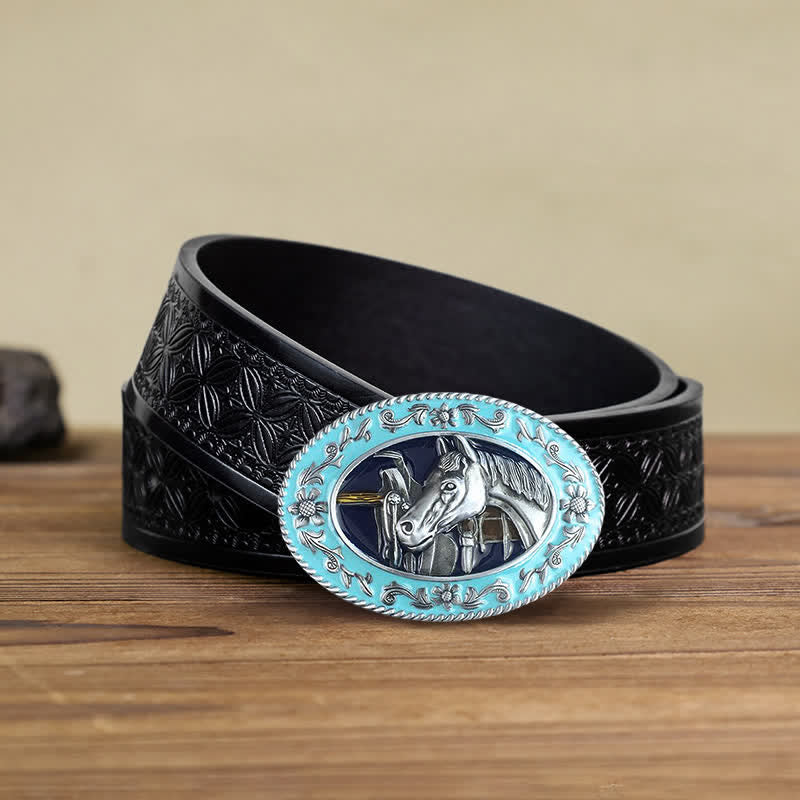 Men's DIY Horse Head Saddle Enameled Buckle Leather Belt