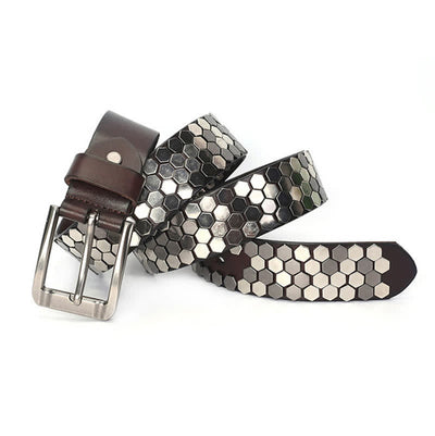 Unisex Hexagonal Rivet Studded Leather Belt