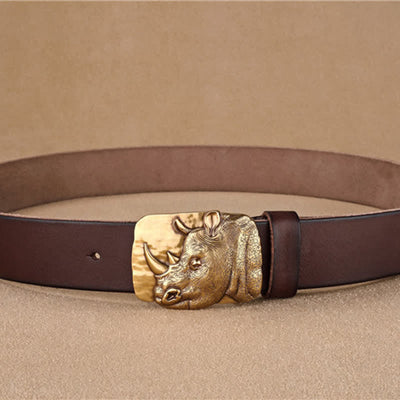 Men's Gold Rhino Plate Buckle Leather Belt