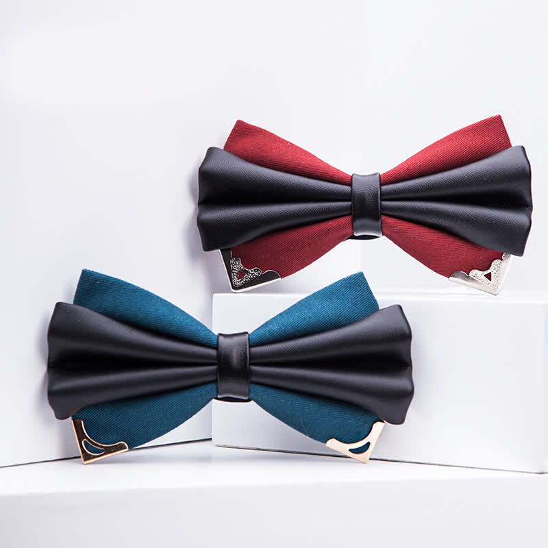 Men's Double Layer Faux Leather Golden Tipped Bow Tie