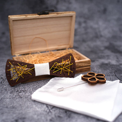 3Pcs Men's Woven Embroidered Wooden Bow Tie Set