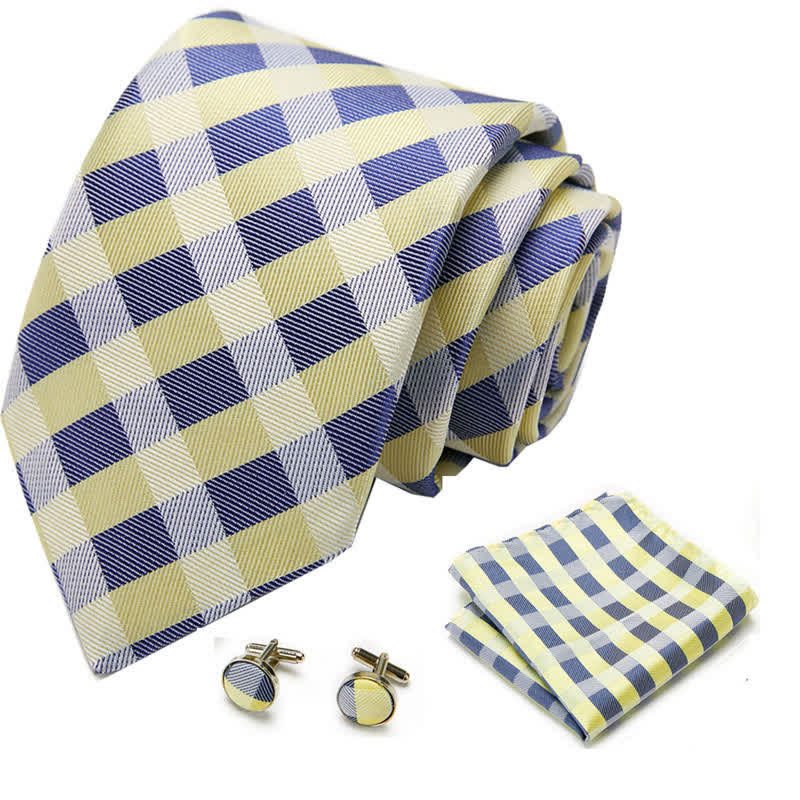 3Pcs Men's Yellow & Blue Striped Plaid Necktie Set