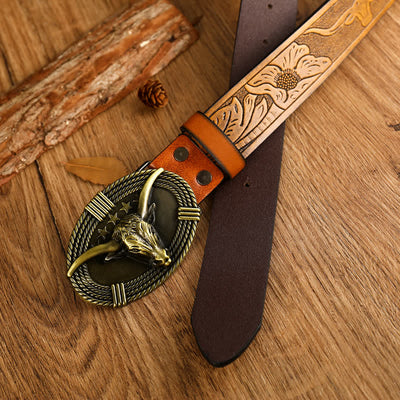 Men's Retro Five Stars Bull Head Leather Belt