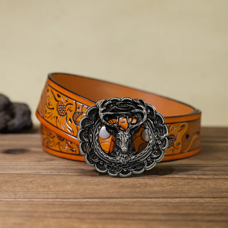 Men's DIY Hollow 3D Elk Antler Buckle Leather Belt