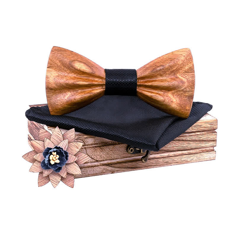 3Pcs Men's Hand Carved Crease Wooden Bow Tie Set