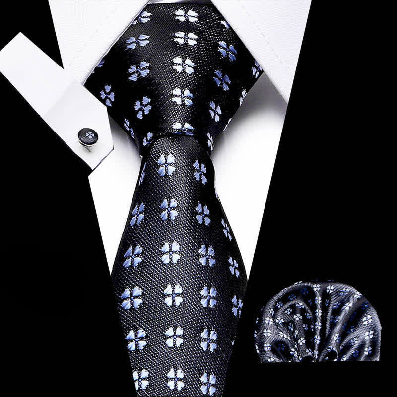 3Pcs Men's Black & Blue Lucky Clover Necktie Set