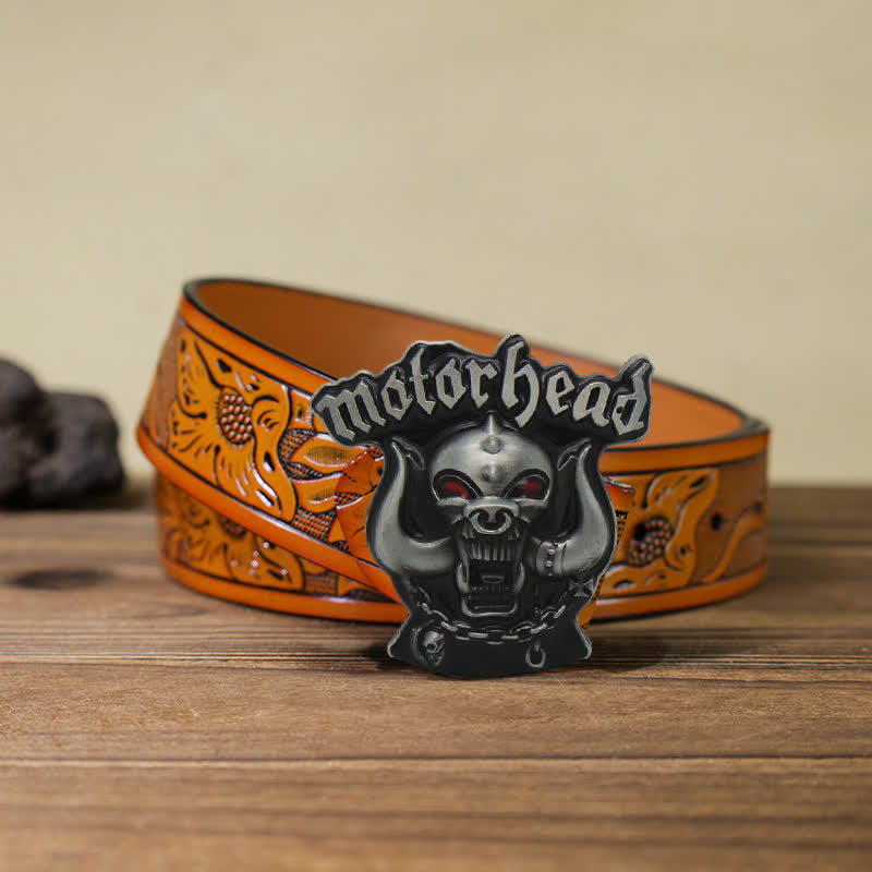 Men's DIY Motor Head Skull Enamel Buckle Leather Belt