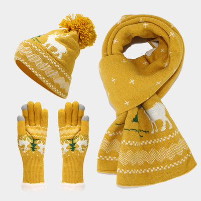 3Pcs Women's Reindeer Tree Jacquard Hat Scarf Gloves Set