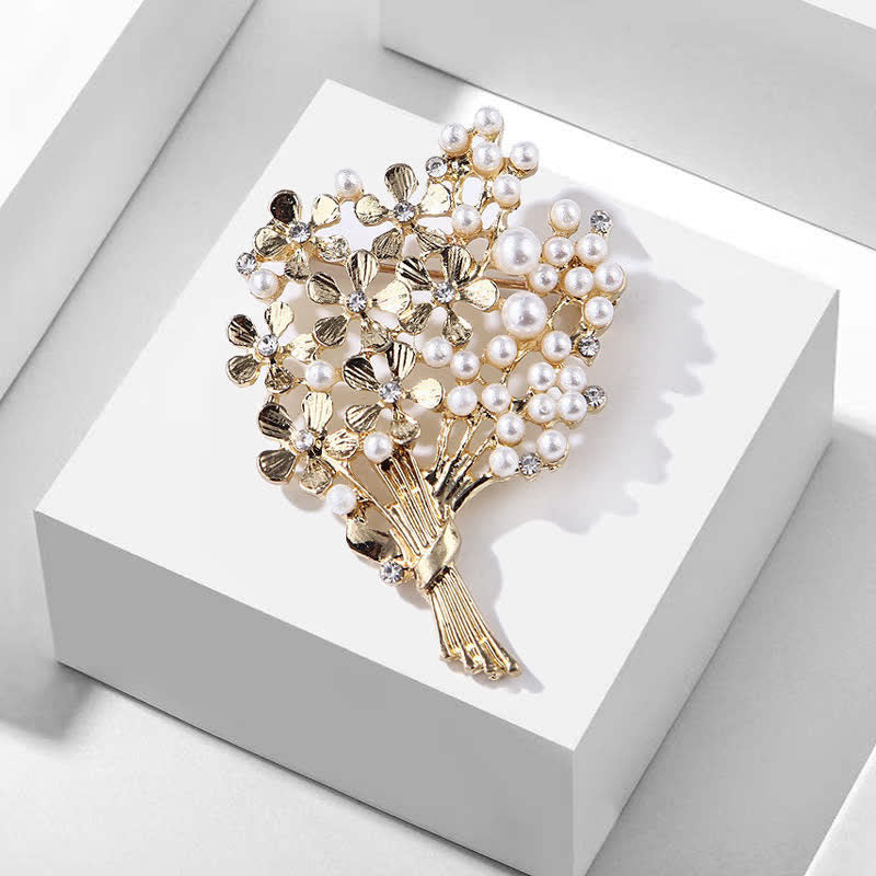 Women's Pearl Bouquet Of Gold Flowers Brooch