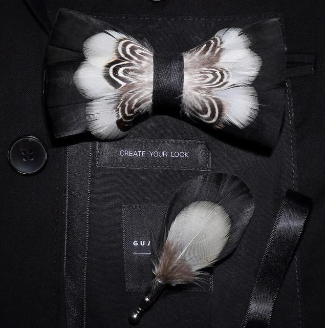 Black & White Tiger Print Feather Bow Tie with Lapel Pin