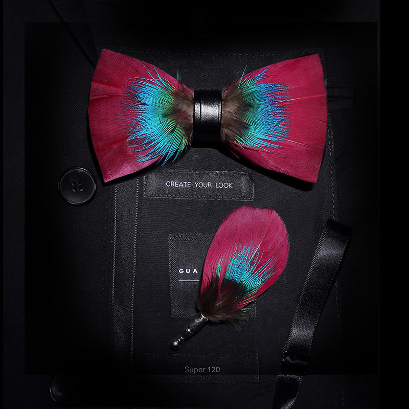 Pink & Blue Gentle Feather Bow Tie with Lapel Pin