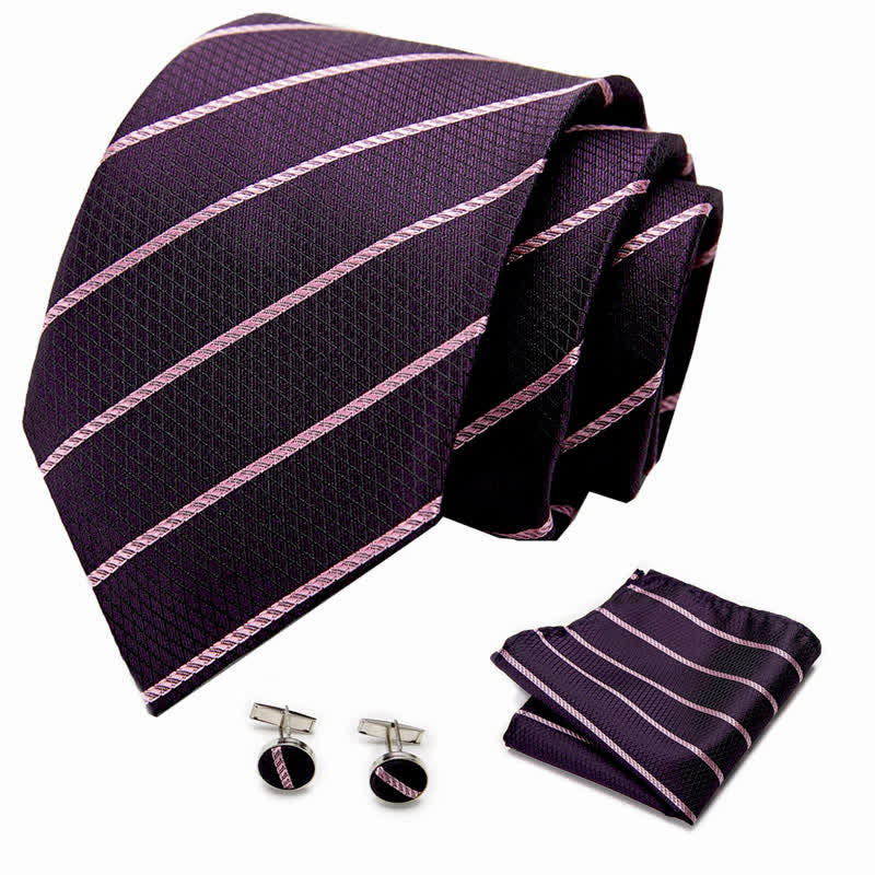 3Pcs Men's Trendy DarkMagenta Striped Necktie Set